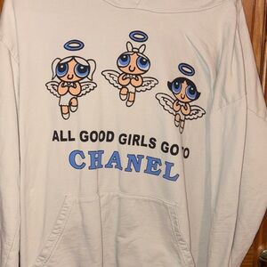 MEGA YACHT White Hoodie with Cartoon Angels and Blue Text